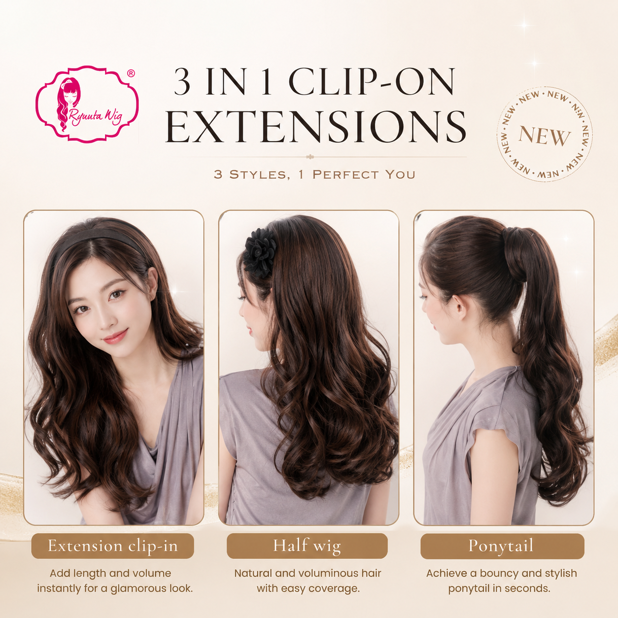 Hair Extension Ponytail Half Wig 3in1 Synthetic Fiber 28 inch / 70 cm