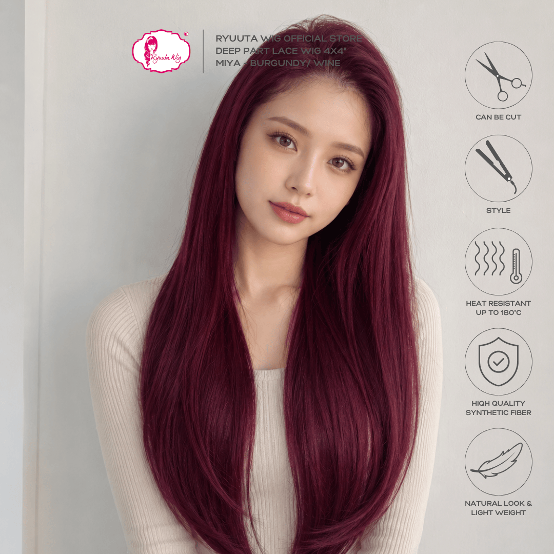 Deep Part Half Lace Wig 4x4" Long Straight Miya Wine Burgundy 28 inch 70 cm