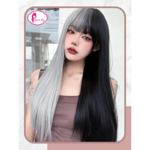 Basic Cap Synthetic Wig Long Straight Lolita Ulzzang Black Silver 60 cm