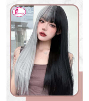 Basic Cap Synthetic Wig Long Straight Lolita Ulzzang Black Silver 60 cm