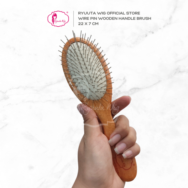 Oval Wire Pin Brush Comb With Wooden Handle - Image 2