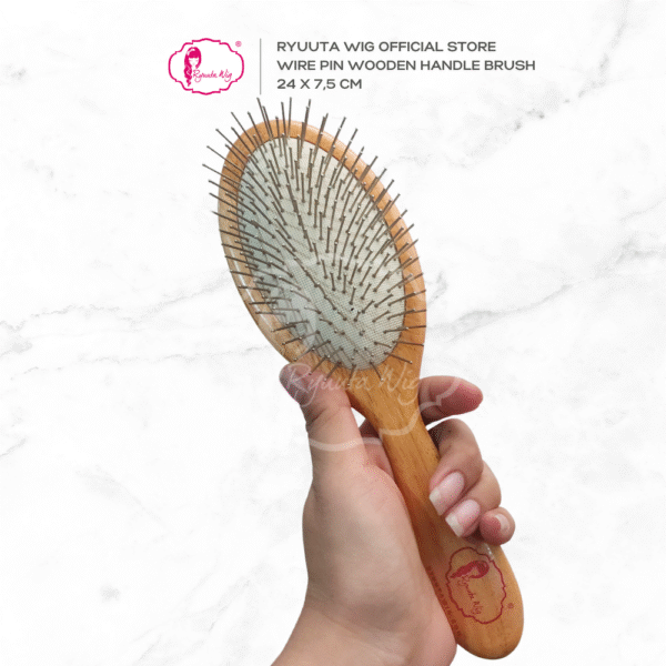Oval Wire Pin Brush Comb With Wooden Handle - Image 4
