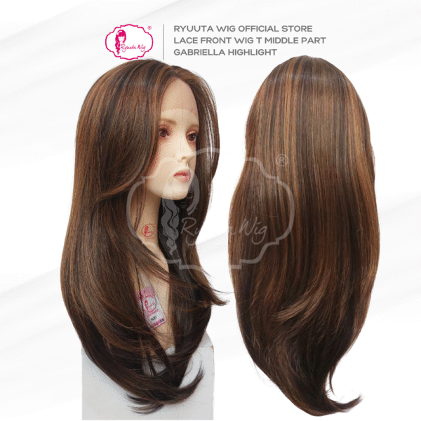 Lace Front Wig Long Curtain Bangs Gabriella Brown Highlight - Image 3