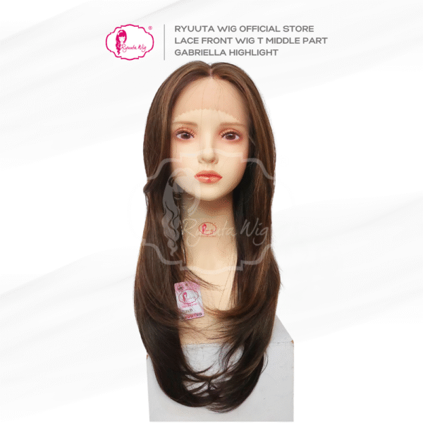 Lace Front Wig Long Curtain Bangs Gabriella Brown Highlight - Image 2
