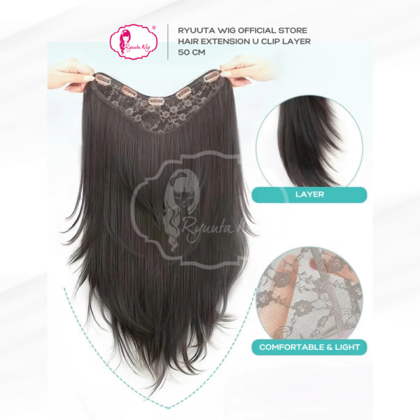 U Shape Hair Extension Clip Long Layer Black Brown 50 cm - Image 4